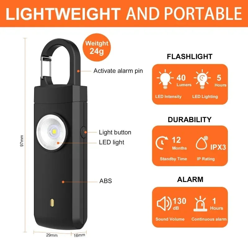 Self Defense LED Flashlight USB Rechargeable Keychain Light with Safety Alarm Protective Supplies Women Outdoor Emergency 1pcs